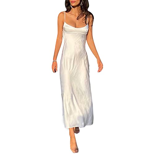 Womens Summer Satin Silky Cami Slip Dress Solid Color Smooth Satin Silk A-Line Backless Midi Dress Clubwear Long Dress (White, S) von RTGSE