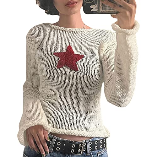 Womens Y2K Long Sleeve Crochet Crop Tops Color Block Hollow Out Shirt Squre Neck Crochet Knitted Tops 90s Streetwear (Star Creamy White, S) von RTGSE