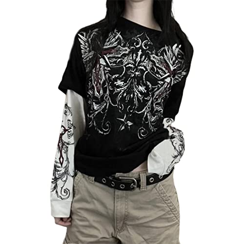 Womens Y2K Long Sleeve Crop Top Harajuku Floral Printed T Shirt Blouse E-Girl 90S Vintage Long Sleeve Top Streetwear (Gothic Black A, L) von RTGSE