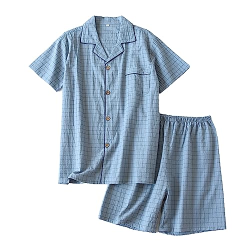 Herren Anzug Kurz Zweiteiliger Schlafanzug Karierte Sommer Knopfleiste Taschen Kurzarm Pyjama Shorts Freizeitanzug Home Kleidung (Color : Blue, Size : XL) von RTHLEQIEE