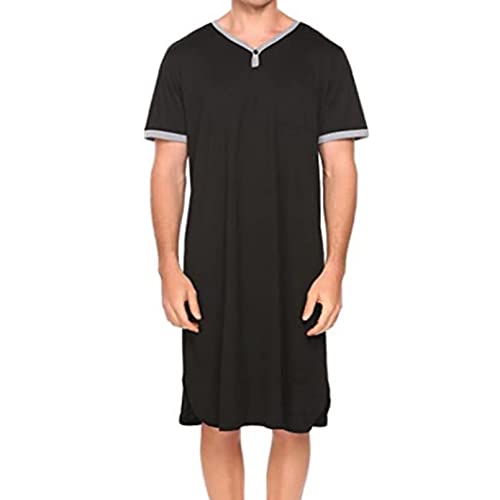 Nachthemd Herren Baumwolle Kurzarm Sleepshirt V Ausschnitt Home Kleidung Freizeitkleid Lässige Negligee Schlafanzug Schlafoveralls (Color : Black, Size : XL) von RTHLEQIEE