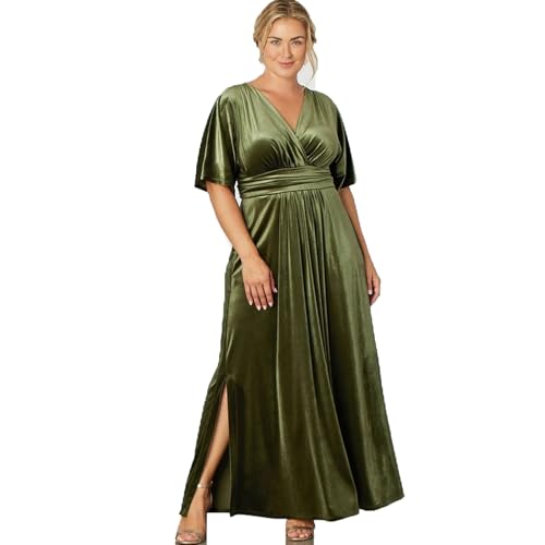 RTHLEQIEE Abendkleider Damen V-Ausschnitt Kurze Ärmel Geteilte Cocktailkleid Hohe Taille Lang Abschlusskleid Elegant Strandkleid(Green,5XL) von RTHLEQIEE