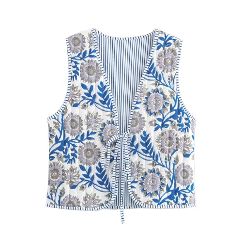 RTHLEQIEE Damen Cropped Floral Steppweste Leicht Bedruckt Ärmellos Puffer Gepolstert Mantel Weste Gilet Outwear Blumen Trendiges Design(Blue whte,M) von RTHLEQIEE