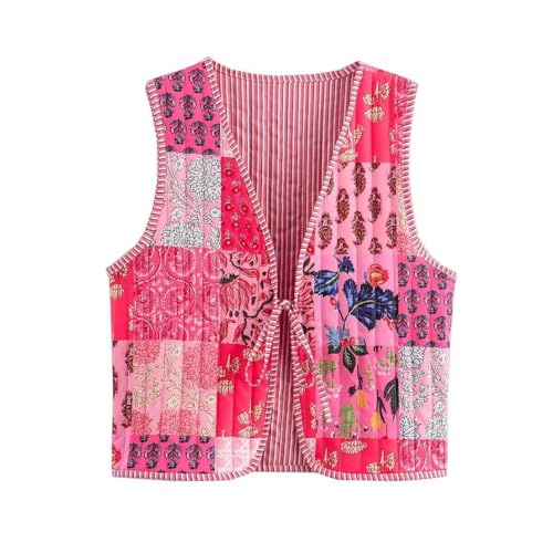 RTHLEQIEE Damen Cropped Floral Steppweste Leicht Bedruckt Ärmellos Puffer Gepolstert Mantel Weste Gilet Outwear Blumen Trendiges Design(Pink,M) von RTHLEQIEE