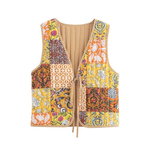 RTHLEQIEE Damen Cropped Floral Steppweste Leicht Bedruckt Ärmellos Puffer Gepolstert Mantel Weste Gilet Outwear Blumen Trendiges Design(Yellow,M) von RTHLEQIEE