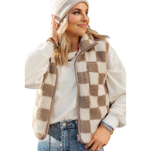 RTHLEQIEE Damen Fleece Karierte Weste Ultraleicht Outdoor Jacke Standkragen Reißverschluss Gilets Damenweste Stilvoll und vielseitig(S) von RTHLEQIEE
