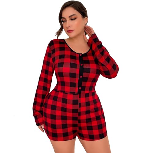 RTHLEQIEE Damen Jumpsuit Onesie Einteiliger Karierter Pyjam Mit Knopfleiste Rundhals Lange Ärmel Hausanzug Shorts Ganzkörperanzug (Color : Red, Size : 4XL) von RTHLEQIEE