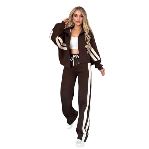 RTHLEQIEE Damen Streifen 2 Stück Trainingsanzug Set Full Zip Sweatshirt und Sweatpants Trainingsanzug Outfits Sweatsuit Jogginganzug Set(Brown,M) von RTHLEQIEE