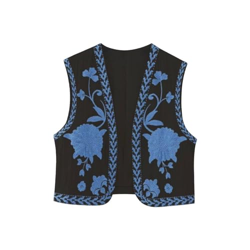 RTHLEQIEE Damen Vintage Blumen Stickerei Kurze Weste Jacke Ärmellose Ethnische Bestickte Weste Traditionelle V-Ausschnitt Boho Westen Patchwork Hippie Tops(Black blue,S) von RTHLEQIEE