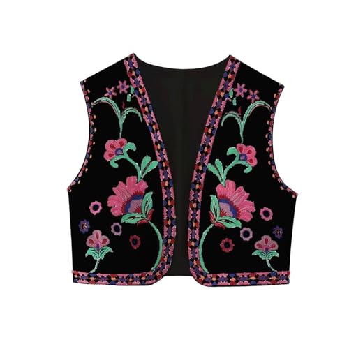 RTHLEQIEE Damen Vintage Blumen Stickerei Kurze Weste Jacke Ärmellose Ethnische Bestickte Weste Traditionelle V-Ausschnitt Boho Westen Patchwork Hippie Tops(Black pink,L) von RTHLEQIEE