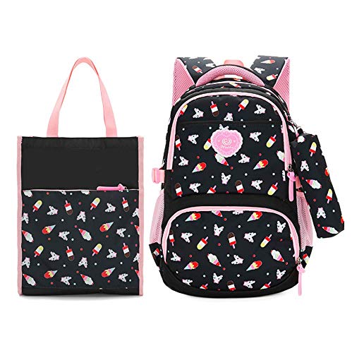 3-teiliges Schulrucksack-Set für Kinder, niedliche Cartoon-Büchertasche + schöne Mahlzeitentasche + Federmäppchen mit Reißverschluss, Schwarz , Modern von RTMYOR