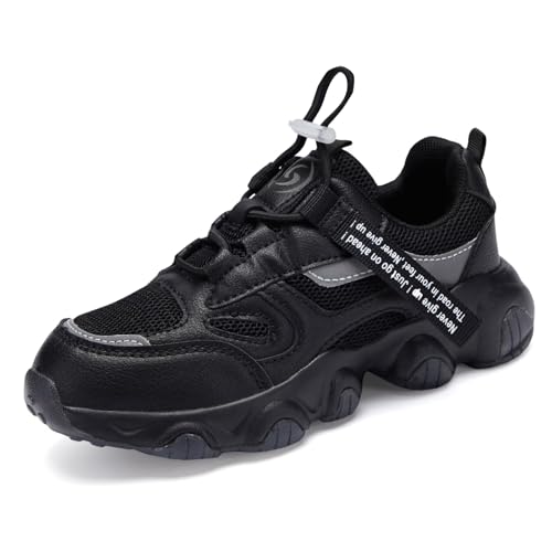 RTOUNT Kinder Ganz schwarz Sportschuhe Jungen Einstellbar Freizeit Sneaker Kinderschuhe Atmungsaktiv Outdoor Turnschuhe Mädchen Laufschuhe EU 32 von RTOUNT