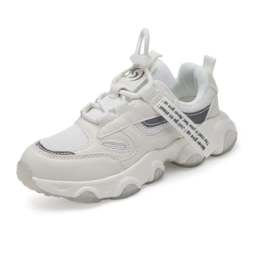 RTOUNT Kinder Weiß Sportschuhe Jungen Einstellbar Freizeit Sneaker Kinderschuhe Atmungsaktiv Outdoor Turnschuhe Mädchen Laufschuhe EU 34 von RTOUNT