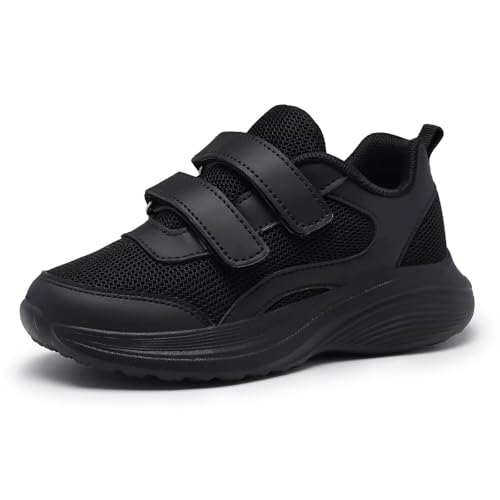 RTOUNT Kinder Ganz schwarz Sportschuhe Jungen Laufschuhe Kinderschuhe Atmungsaktiv Outdoor Turnschuhe Mädchen Einstellbar Freizeit Sneaker EU 32 von RTOUNT