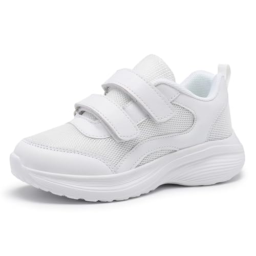 RTOUNT Kinder Weiß Sportschuhe Jungen Laufschuhe Kinderschuhe Atmungsaktiv Outdoor Turnschuhe Mädchen Einstellbar Freizeit Sneaker EU 26 von RTOUNT