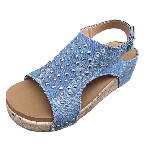 Damen Sommer Freizeit Sandale mit Absatz Damen-Sandalen mit Hohen Absätzen und Dickern Sohlen, Modische Jeans-Sandalen mit Strasssteinen, Sommer Bohemia Sandals, Flach Bequem Elegant Boho Flip Flops von RTPR