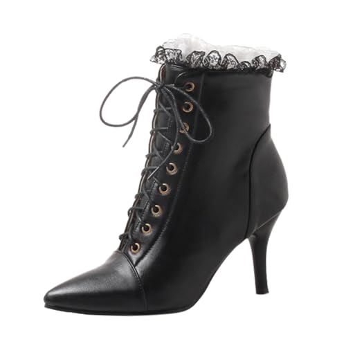 RTPR Damen Gefütterte Schneestiefel Winterstiefel hohen Absätzen, Spitze, dünne Absätze, Schnür-Stiefeletten mit seitlichem Reißverschluss 1 Damen Schuhe Blau (Black, 37) von RTPR