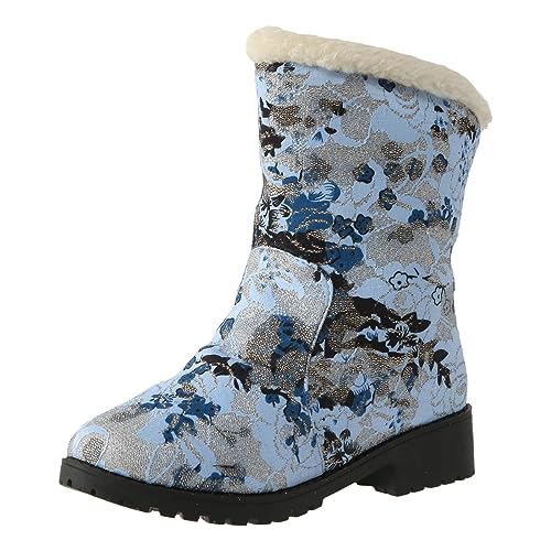 RTPR Damen Langschaftstiefel Mode-Stiefel Hellblaue, modisch bedruckte Schneestiefel für Damen mit Plüschisolierung für Damen-Baumwollstiefel Elegante Schuhe Damen Mit Absatz Schwarz (Blue, 40) von RTPR