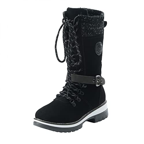 RTPR Damen Stiefel, Frauen Winterstiefel, Bequeme Stiefel Für Damen, Mode Boots, Winterschuhe Gefüttert Warm, Eckiger Absatz Einfarbig Dekorative Schnalle, Spitze Und Samtstiefel von RTPR