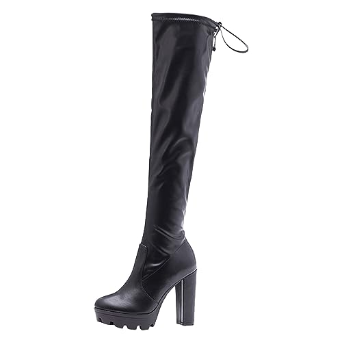 RTPR Damen Stiefeletten Cowboy Boots Boots Weicher Lackleder-Innenreißverschluss mit hohem Absatz, modische elastische Overknee-Stiefel für den Außenbereich Silber Schuhe Damen Mit Absatz (Black, 39) von RTPR