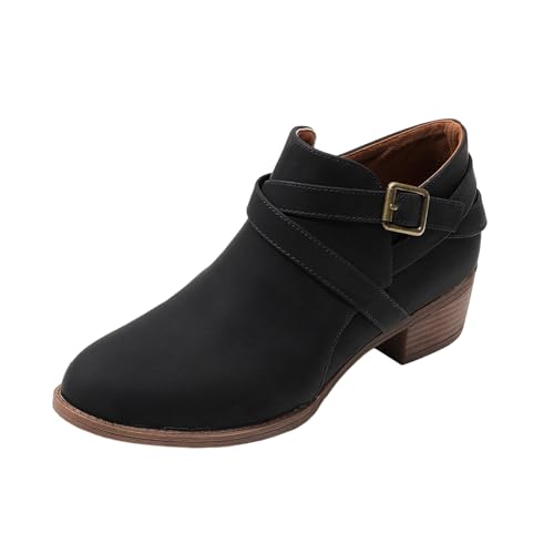 RTPR Damen Stiefeletten Stiefele Ankle Boots klobige Absätze Reißverschluss kurze Stiefeletten runde Zehenschuhe Damen Schuhe Damen (Black, 37) von RTPR