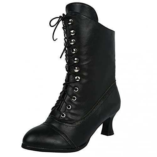 RTPR Damen Vintage Britischer Stil Steampunk Gothic Stiefel, Schnürstiefel Wadenlang Stiefel, Gothic-Stiefel, Mid-Top-Stiefel, Stiefeletten mit Absatz für Damen und Junge Frauen von RTPR