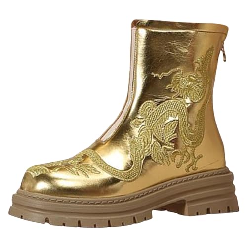 RTPR Damen Warme Gefüttert Winterstiefel und Reißverschluss hinten, kurze Stiefel für Damen, schlanke, runde Zehen, übergroße Mode Stiefeletten 43 Damen (Gold, 38) von RTPR