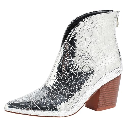 RTPR Winter Ankle Boots Westernstiefel Stiefel Damen Stiefeletten, modisches Muster, einfache einfarbige Tiermuster, Dicker Absatz, bequemer Reißverschluss hinten Damen Schuhe Elegant (Silver, 42) von RTPR