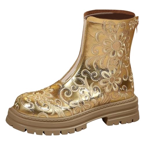 RTPR Winter Ankle Boots Westernstiefel Stiefel niedrige Röhre, einfarbig, dicker Absatz, große modische Stiefel Braune Stiefeletten Damen (Gold, 39) von RTPR