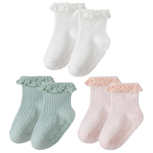 RTRTGS 3 Pair Baby Mädchen Rüschen Spitze Socken Rutschfeste Schlichte Söckchen für Säugling und Neugeborene Knöchel Kleid Taufe von RTRTGS