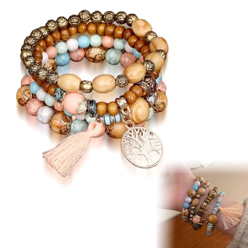 RTRTGS 4 Stück Boho Holzperlen Armband, Boho Quaste Armband für Damen, indianer schmuck, Frauen Baum des Lebens Charm Statement Armreifen, Kristall Perle von RTRTGS