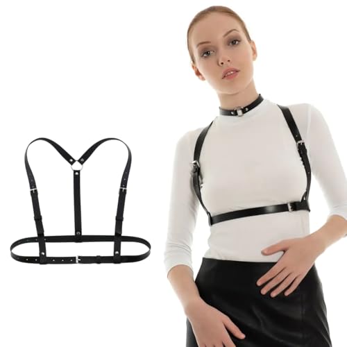 RTRTGS RT 1pc Harness Damen Oberkörper Punk Leder Körperkette Damen Leder Gürtel Körper Brust Kette körperkette taillengürtel Verstellbare für Frauen Mädchen Cosplay Damen (Schwarz) von RTRTGS