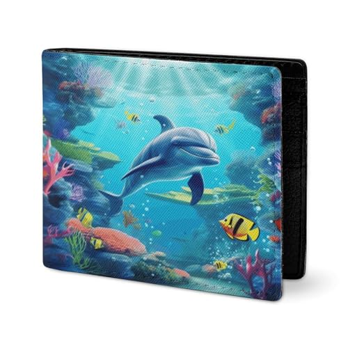 RTSEBVN Niedliche Geldbörse aus Twill-Leder, Kartenhalter, Fashio, Unterwasser-Delfin, Fisch-Druck, kleine Geldbörse, geeignet für tägliche Reisen, Stil, Einheitsgröße, Köperleder-Geldbörse, Stil von RTSEBVN