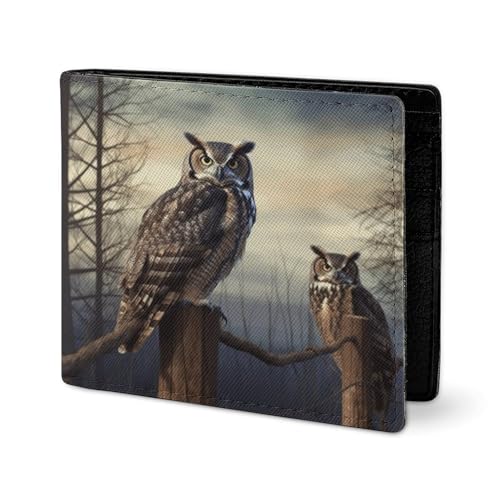 RTSEBVN Niedliche Geldbörse aus Twill-Leder, Kartenhalter, Fashio Eule, sitzender Baumzaun, Druck, kleine Geldbörse, geeignet für tägliche Reisen, Stil, Einheitsgröße, Köperleder-Geldbörse, Stil von RTSEBVN