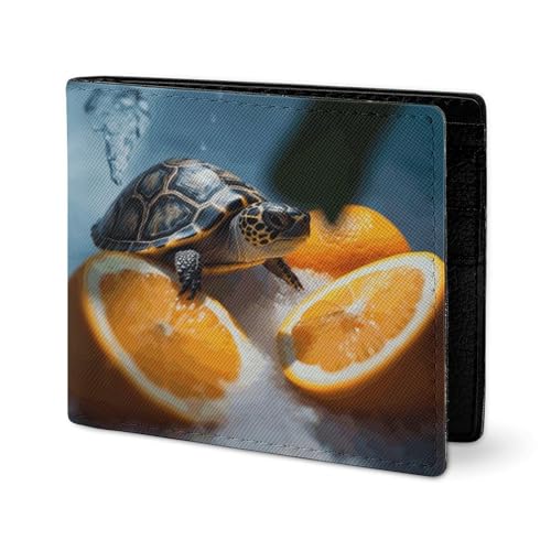 RTSEBVN Niedliche Geldbörse aus Twill-Leder, Kartenhalter Fashio Turtles Emerging from Oranges Print, kleine Geldbörse, geeignet für tägliche Reisen, Stil, Einheitsgröße, Köperleder-Geldbörse, Stil von RTSEBVN