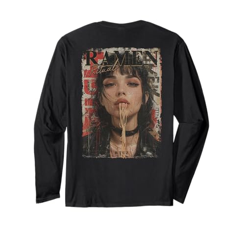 Backprint Pin-up Girl Ramen Noodle Anime Manga Asian Ramen Langarmshirt von RTUZ