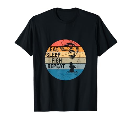 RTstyles Eat Sleep Fish Repeat - Angler Retro lustig Fischer fischen T-Shirt Schwarz Unisex Klein EU 40.5 Crew-Ausschnitt Halbarm Klassische Passform Polyester 100% Imported Herren Fishing-T-Shirts von RTstyles