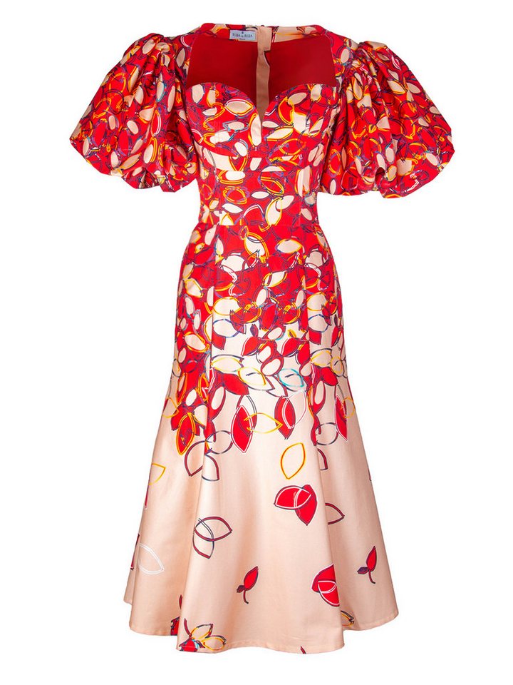 RUA & RUA Abendkleid Damen Cocktailkleid Midi mit Bustier Puffärmeln aus Baumwolle & Seide Allover Muster von RUA & RUA