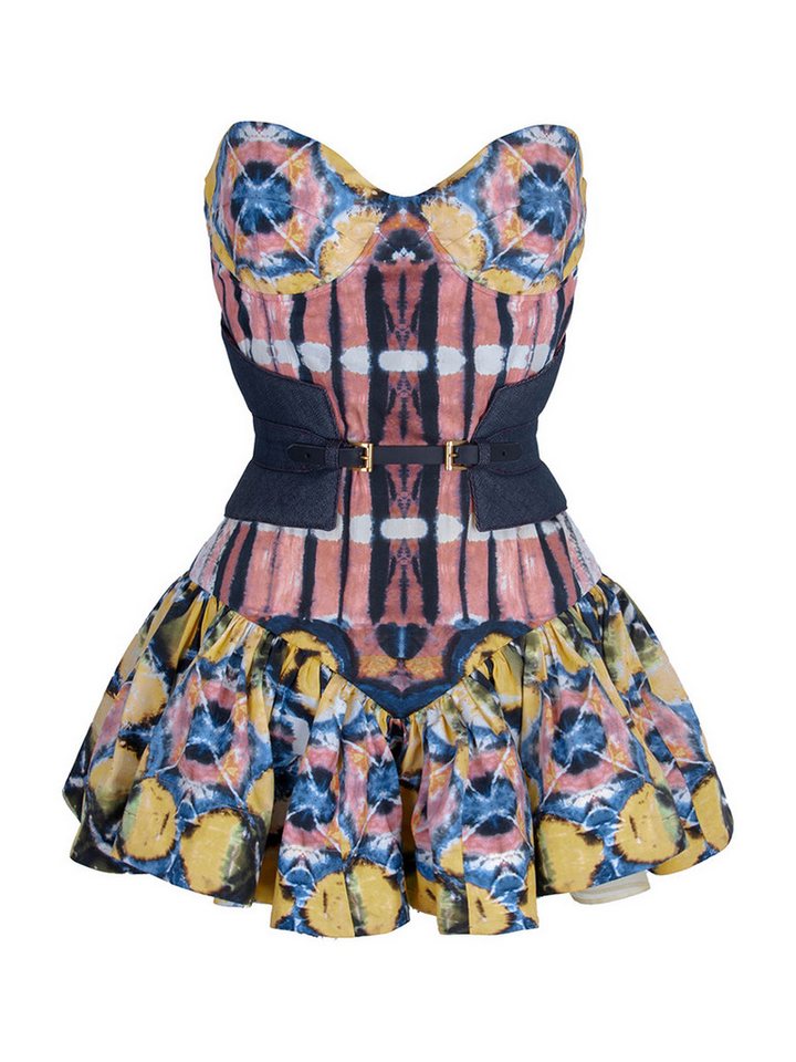 RUA & RUA Cocktailkleid Mini Corsetkleid mit Drapérock und Denim-Corsettgürtel (2-tlg) Rückseitiger Reißverschluss für perfekte Passform von RUA & RUA