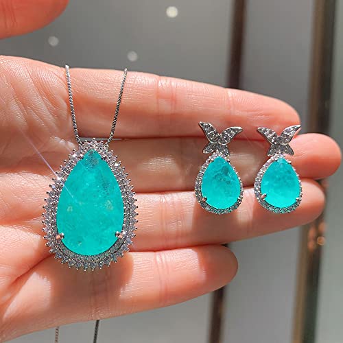 2021 925 Sterling Silber Paraiba Turmalin Blauer Stein Aquamarin Diamanten Halskette Ohrringe Hochzeit Schmuck Sets for Freundin erfüllen Ketten für Damen ( Color : 45cm , Size : Jewelry set ) von RUAJOGYNVM