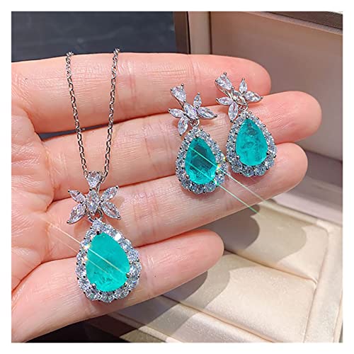 RUAJOGYNVM Luxus 925 Sterling Silber Hochzeitsschmuck Sets for Frauen Vintage 10 * 14mm Paraiba Turmalin Smaragd Ohrringe Anhänger Halskette erfüllen (Color : 45cm, Size : Blue Earrings) von RUAJOGYNVM