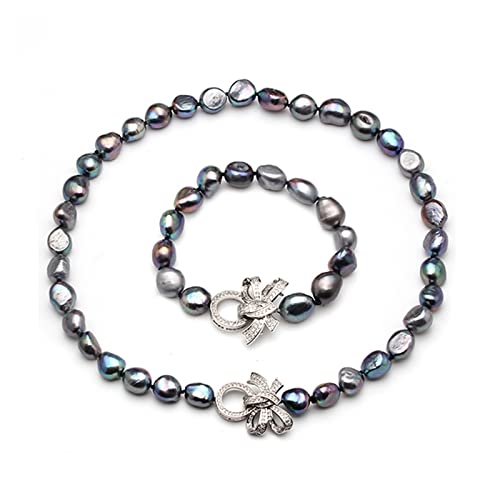 RUAJOGYNVM Barock 925 Silber Weiß Natürliche Süßwasserperlen Schmucksets Echte Perlenkette Armband Schmucksets erfüllen Ketten für Damen (Size : Grey pearl set) von RUAJOGYNVM