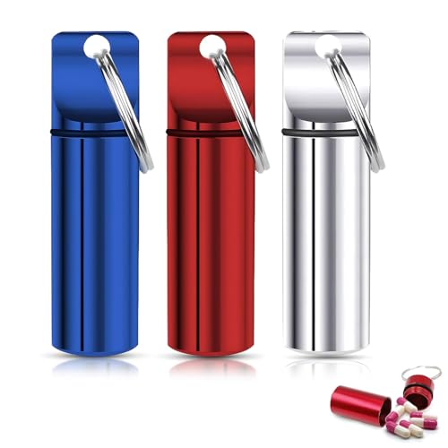 3 Stück Pillendose Schlüsselanhänger, Mini Kapsel Pillendose,Pillendose Klein,Aluminium Pillenbox Tablettenbox Wasserdichte Luftdichte Klein Tablettenbox für Reise Camping Angeln Speicherung von RUAVOEY