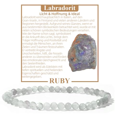 RUBY Perlenarmband Damen Echtes Naturstein Armband Hochwertiges 4mm Edelstein Armband aus facettierte, Labradorit - Inklusive Geschenkbox von RUBY
