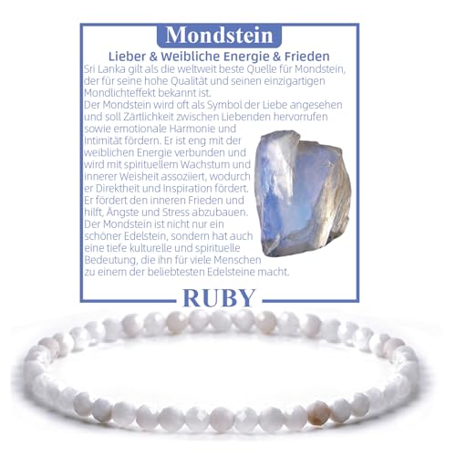 RUBY Perlenarmband Damen Echtes Naturstein Armband Hochwertiges 4mm Edelstein Armband aus facettierte, Mondstein - Inklusive Geschenkbox von RUBY