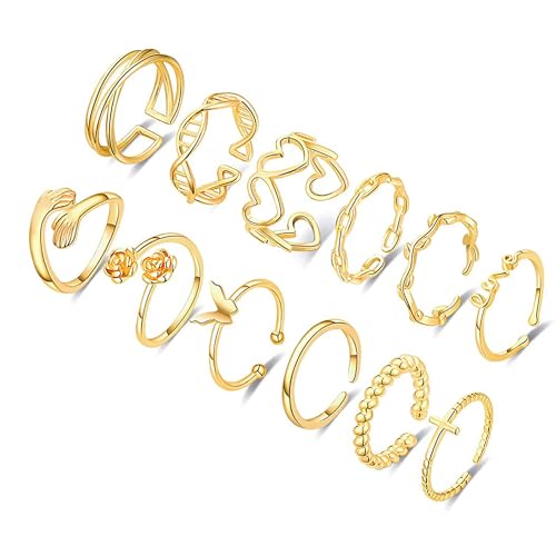 RUEYKEY 12PCS Goldring fir Fraen Dainty verstellbar Knuckle Ringe Häerz Umarmung stapelbar Daumenring Set fir Fraen Modejuwelen von RUEYKEY