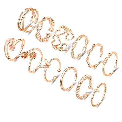 RUEYKEY 12PCS Roségolden fir Fraen Dainty verstellbar Knuckle Ringe Häerz Umarmung stapelbar Daumenring Set fir Fraen Modejuwelen von RUEYKEY