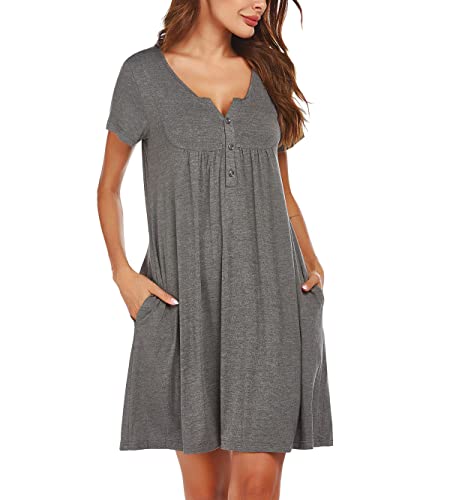 Damen Nachthemd Nachtwäsche Nachtkleid Aus Baumwolle Kurzarm Rundhals Lässige Schlafhemd Sleepshirt Schlafanzug Damen Sleepwear Mit Vordertasche Für Sommer (grau,S) von RUGAN