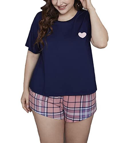 Damen Plus Size Pyjama Set Schlafanzug Kurz Baumwolle Nachtwäsche Kurzarm Sommer Top und Short Zweiteilig Sleepwear Schlafanzug in Übergröße XL-4XL (1#,2XL) von RUGAN