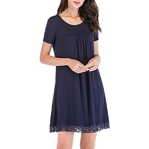 RUGAN Damen Modal-Baumwoll Nachthemd Kurzarm Nachtwäsche Kurze Nachthemden Sleepshirt Negligees Sleepwear Schlafhemd Mit Rüschen (Blau,S) von RUGAN